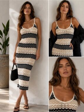 Say What Crochet Knit Bodycon Midi Dress Neutral Stripe Large (1302)